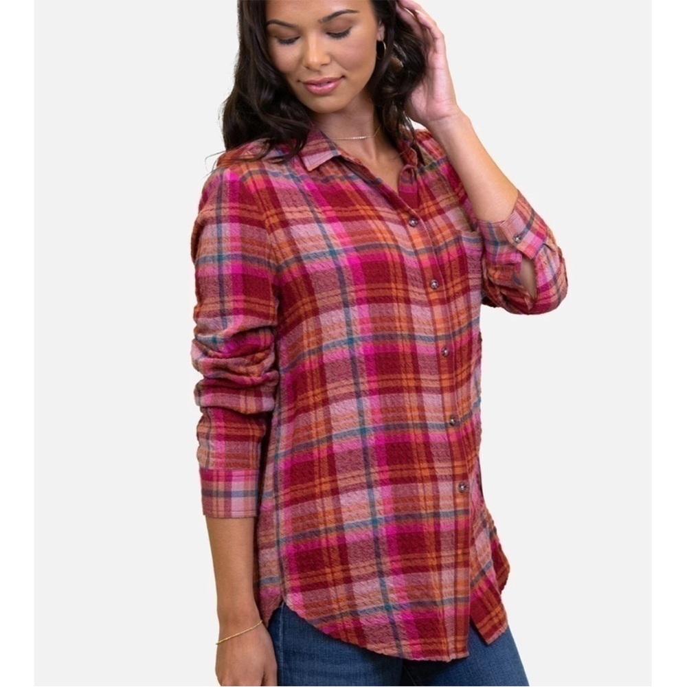 Pink and Orange Flannel Button Down Tunic Small